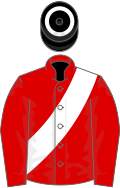 Red, white sash, black cap, white hoop