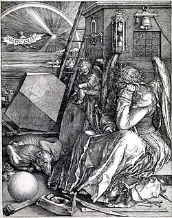 Albrecht Dürer, Melencolia I (1514): Unused tools, an hourglass, an empty scale surrounds a female personification, with other esoteric and exoteric symbols.