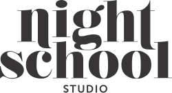 In an old serif fashion, the words "Night School" appear properly, while at the bottom, "Studio" is capitalized in a modern sans serif font.