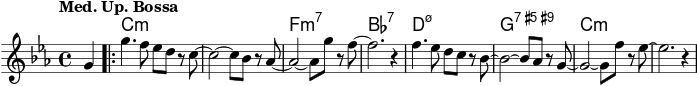 
\version "2.22.0"

\header {
  tagline = ""
}

global = {
  \time 4/4
  \key c \minor
  \set Score.tempoHideNote = ##t
  \tempo "Med. Up. Bossa" 4=148
  \set chordChanges = ##t
}

chordNames = \transpose c c, \chordmode {
  \global
  s4 |
  c1:m~ |
  c1:m |
  f1:m7 |
  bes1:7 |
  d1:m7.5- |
  g1:7.5+.9+ |
  c1:m~ |
  c1:m |
}

melody = \relative c'' {
  \global
  \partial 4
  g4 |
  \bar ".|:"
  g'4. f8 es d r c~ |
  c2~ c8 bes r as~ |
  as2~ as8 g' r f~ |
  f2. r4 |
  f4. es8 d c r bes~ |
  bes2~ bes8 as r g~ |
  g2~ g8 f' r es~ |
  es2. r4 |
}

\score {
  <<
    \new ChordNames \chordNames
    \new Staff { \melody }
  >>
  \layout { }
  \midi { }
}
