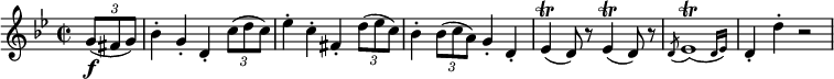 
  \relative g' {
  \key g \minor \time 2/2 \override TupletBracket.bracket-visibility = ##f
  \partial 4 \times 2/3 { g8( \f fis g) }
  bes4-. g-. d-. \times 2/3 { c'8( d c) }
  es4-. c-. fis,-. \times 2/3 { d'8( es c) }
  bes4-. \times 2/3 { bes8( c a) } g4-. d-.
  es4( \trill d8) r es4( \trill d8) r
  \acciaccatura d8 \afterGrace es1( \trill {d16 es) }
  d4-. d'-. r2
}
