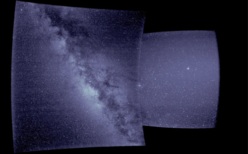 WISPR first light image. The right portion of the image is from WISPR's inner telescope, which is a 40-degree field of view and begins 58.5 degrees from the Sun's center. The left portion is from the outer telescope, which is a 58-degree field of view and ends about 160 degrees from the Sun.[11]
