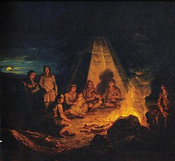 A painting showing a group of Sámi people seated around a campfire at night beside a tent, illuminated by the firelight in a dark outdoor setting.