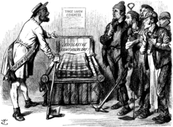A man carrying an axe and wearing a sash labelled "The New Unionism" and a group of men in working clothes carrying their tools stand either side of a bed, viewed end on. The bed has a very short mattress. On the headstead is written "Legislative Eight-hours Day.!" A sign behind the bed reads "Trade Union Congress" followed by indistinct text.