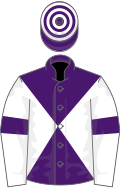 Purple and white diabolo, white sleeves, purple armlets, purple and white hooped cap