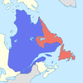 Quebec today. Quebec (in blue) has a border dispute with Labrador (in red).