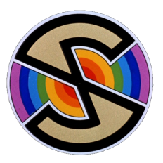 A stylised "S" on a background of concentric rings in the colours of the rainbow