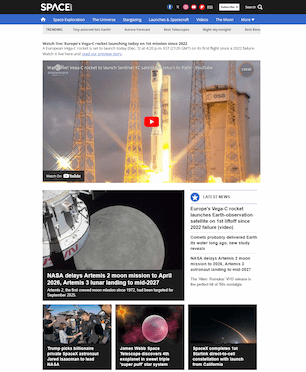 Screenshot of Space.com showing various content