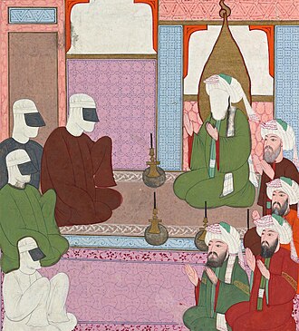 Ottoman miniature illustration: Aisha speaks to Muhammad; other figures are present; the scene concerns news of a local plague.