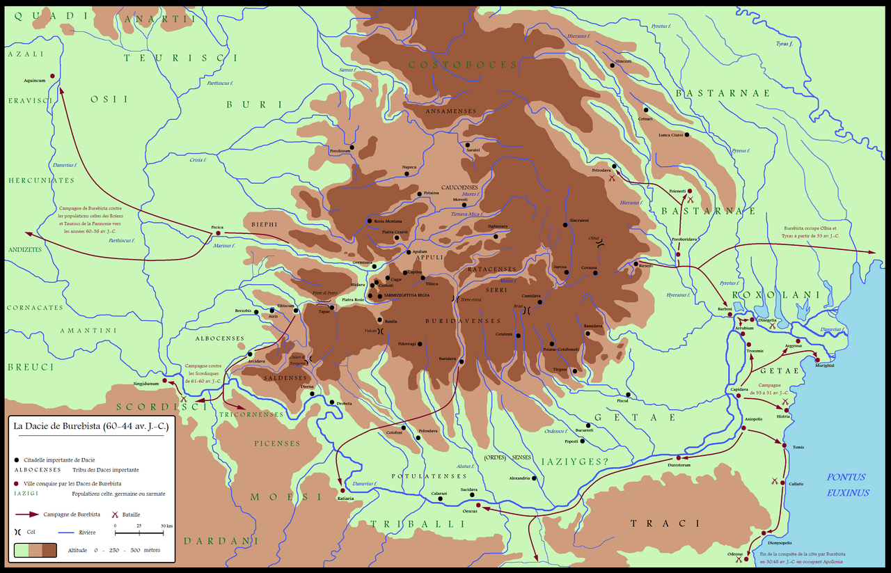 Dacia around 60-44 BC during Burebista, including campaigns - French.png