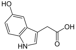 2D representation of the chemical structure of 5-Hydroxyindoleacetic acid.