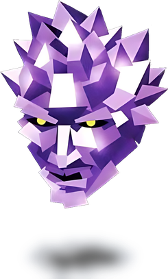 A floating purple head with matching spiked "hair", made entirely of low-resolution polygons. It has an opened mouth and black eyes that have yellow irises.