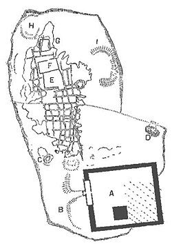 A historical sketch map detailing the layout and temple locations of the ancient city of Naucratis drawn by Petrie in 1885