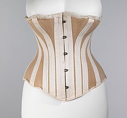 An 1885 corset made of stretch jersey, possibly to accommodate physical activity.