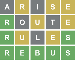 A four-row grid of white letters in coloured square tiles, with 5 letters in each row, reading ARISE, ROUTE, RULES, REBUS. The A, I, O, T, and L are in grey squares; the R, S, and E of ARISE, U and E of ROUTE, and U and E of RULES are in yellow squares, and the R of ROUTE, R and S of RULES, and all letters of REBUS are in green squares.