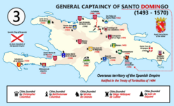 Captaincy General of Santo Domingo, territory of the Spanish Empire, with the cities founded by the genoese explorer Christopher Columbus, and the spanish explorers Bartholomew Columbus, Nicolás de Ovando, Diego Velázquez de Cuéllar and Juan de Esquivel.