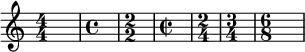 {
\override Score.SpacingSpanner.strict-note-spacing = ##t
\set Score.proportionalNotationDuration = #(ly:make-moment 1/1)
\key c \major
\relative c' {
\numericTimeSignature \time 4/4 s1
\defaultTimeSignature \time 4/4 s1
\numericTimeSignature \time 2/2 s1
\defaultTimeSignature \time 2/2 s1
\time 2/4 s2
\time 3/4 s2.
\time 6/8 s2.
} }