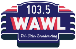 Red, white, and blue marquee with text reading "103.5 WAWL Tri-Cities Broadcasting"
