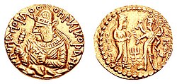 Coinage of Kushan ruler Huvishka with, on the reverse, the divine couple Ommo ("ΟΜΜΟ", Umā) holding a flower, and Oesho ("ΟΗϷΟ", Shiva) with four arms holding attributes. Circa 150-180 CE.[10][11]