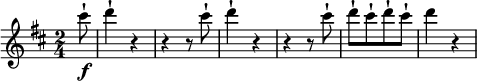 
\relative cis''' {
  \key d \major \time 2/4
  \partial 8 cis8-! \f
  d4-! r
  r4 r8 cis8-!
  d4-! r
  r4 r8 cis8-!
  d8-![ cis-! d8-! cis-!]
  d4 r
}
