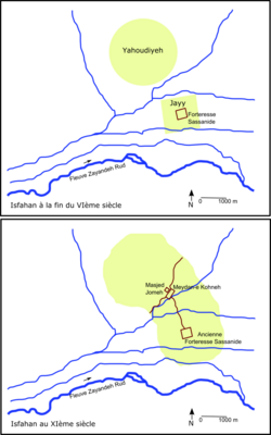 Two maps portraying the location and extent of Isfahan during the Middle Ages