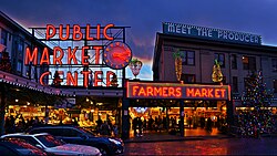The sign of Pike Place Market, a popular public market and tourist destination