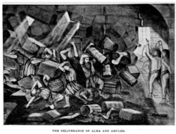 Image shows Alma and Amulek standing to the right of the ruins of the prison that had held them.