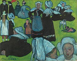 Émile Bernard, The Pardon, August 1888. Bernard exchanged this one with Gauguin who brought it to Arles in autumn 1888 when he joined Van Gogh, who was fond of this style. Van Gogh painted a copy in watercolor to inform his brother Theo about it.