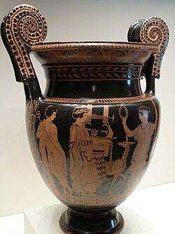 Mixing Vessel with Hermes, Apollo and Artemis. Lucanian, 415–400 BCE, attributed to the Palermo Painter. J. Paul Getty Museum, California