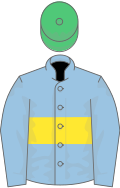 Light blue, yellow hoop, emerald green cap