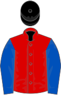 Red, royal blue sleeves, black cap