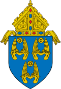 The arms of the Archdiocese of Los Angeles: The arms feature three pairs of wings, denoting three angels, and referencing the namesake of the see, Los Angeles, California, which translates to "the angels."