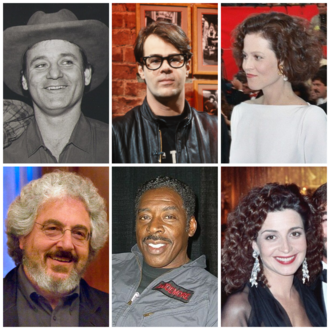 Portrait photos of the stars of the film: Bill Murray, Dan Aykroyd, Sigourney Weaver, Ernie Hudson, Harold Ramis, and Annie Potts