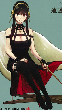 A young woman sitting in a chair. She is dressed in a black dress with red patterned lining. Her hair is decorated with a yellow band with fake flower accessories. She is holding a yellow hilt-less dagger. The chair is a white chaise longue.