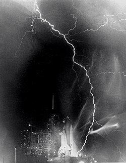 Lightning strikes LC-39A in the hours before Space Shuttle Challenger launches on STS-8 (1983)