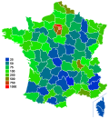 Map of population density by department, showing the empty diagonal in blue
