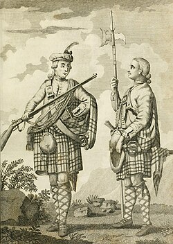 Coloured line-drawing of two early Highland regiment soldiers in green tartan great kilts, red-and-white diced hose, and blue bonnets, one with a musket