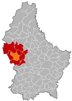 Map of Luxembourg with Redange highlighted in orange, and the canton in dark red