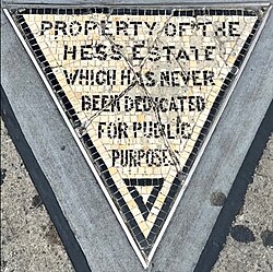 Detail of the triangle, which contains the text "Property of the Hess Estate which has never been dedicated for public purposes."