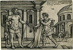Lichas bringing the garment of Nessus to Hercules, engraving of Hans Sebald Beham for the "Labors of Hercules" (1542–1548)