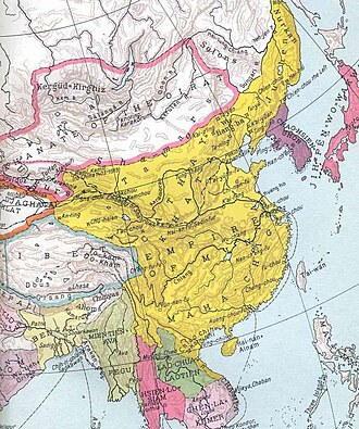 Map of the Ming Empire around 1415, showing China highlighted in yellow with surrounding regions such as Mongolia, Korea, Japan, Tibet, and Southeast Asia in different colors, along with major cities and geographic features