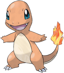 The image depicts a bipedal lizard-like creature with an orange body and cream-colored belly. On its tail is an orange-and-yellow flame, and it has a smooth round head. Its feet have three white claws each, while its hands have four fingers each. It has blue eyes and an open mouth with four fangs.