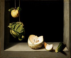 Juan Sánchez Cotán (1560–1627), Still life with Quince, Cabbage, Melon and Cucumber, oil on canvas, 69 × 84.5 cm