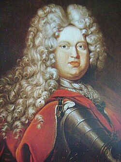 Bust painting of a Baroque duke in military outfit, with an opulent curly wig, facing the viewer, but arm in profile