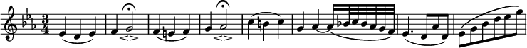 
\relative es' {
  \key es \major \time 3/4
  es4( d es)
  f4 g2\espressivo \fermata
  f4( e f)
  g4 as2 \espressivo \fermata
  c4( b c)
  g4 as~ as16( bes!32 c bes as g f)
  es4.( d8 as' d,)
  es8( g bes d es g)
}
