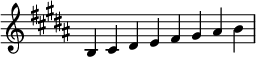 {
\omit Score.TimeSignature \relative c' {
\key b \major \time 2/1 b cis dis e fis gis ais b} }