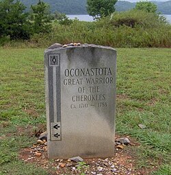 Stone grave marker for Oconostota at the Chota memorial site