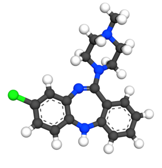 Stick-and-ball model of the clozapine molecule