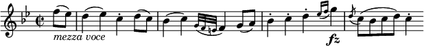 
\relative f'' {
  \key bes \major \time 2/2
  \partial 4 f8( _\markup { \italic "mezza voce" } es)
  d4( es) c-. d8( c)
  bes4( c) \appoggiatura { g32 f e } f4 g8( a)
  bes4-. c-. d-. \appoggiatura { es16 f } g4 \fz
  \acciaccatura d8 c8( bes c d) c4-.
}
