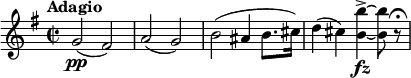 
\relative c'' {
  \tempo "Adagio"
  \key e \minor
  \time 2/2
  g2\pp (fis) | a (g) | b (ais4 b8. cis16) | d4 (cis) <b b'>->~\fz <b b'>8 r\fermata
}
